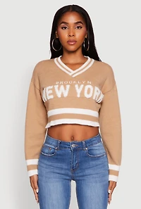 Womens Daisy Chenille New York Graphic Cropped Sweater,