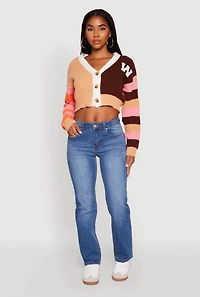 Womens Daisy Color Block Patch Cropped Button Front Cardigan, Multi,