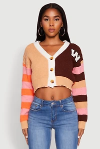 Womens Daisy Color Block Patch Cropped Button Front Cardigan, Multi,