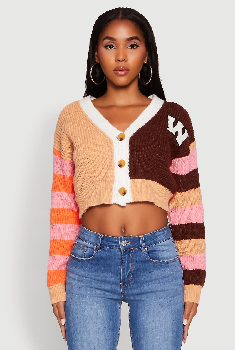 Daisy Color Block Patch Cropped Button Front Cardigan