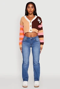Daisy Color Block Patch Cropped Button Front Cardigan
