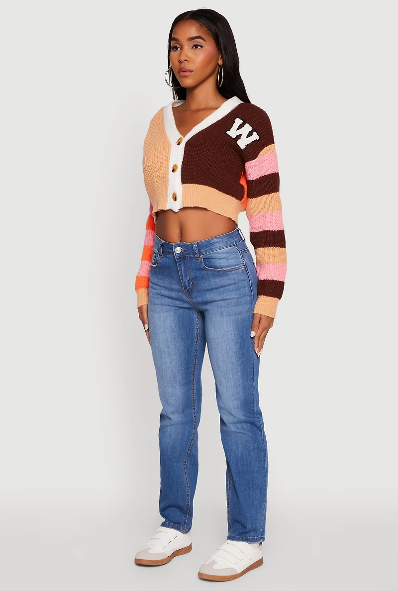 Daisy Color Block Patch Cropped Button Front Cardigan