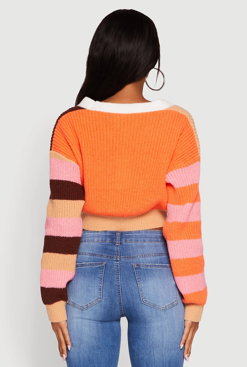 Womens Daisy Color Block Patch Cropped Button Front Cardigan, Multi,