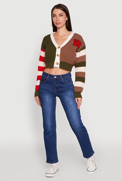 Womens Daisy Color Block Patch Cropped Button Front Cardigan, Multi, Size M