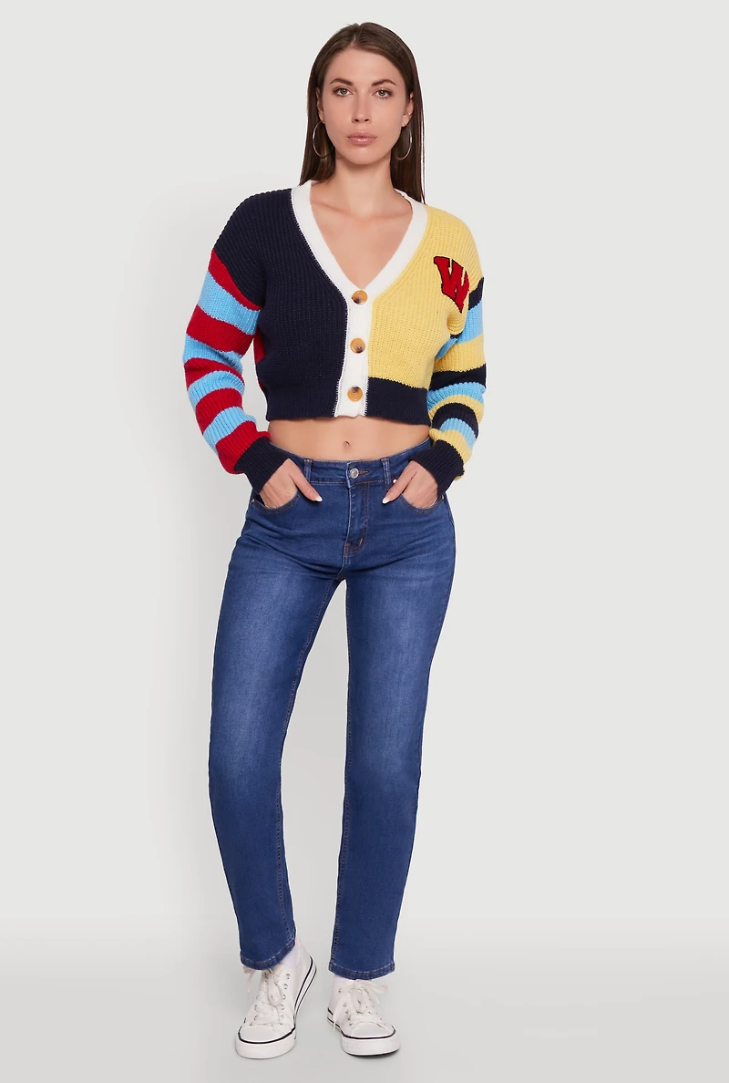 Womens Daisy Color Block Patch Cropped Button Front Cardigan, Multi,