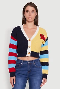 Womens Daisy Color Block Patch Cropped Button Front Cardigan, Multi,