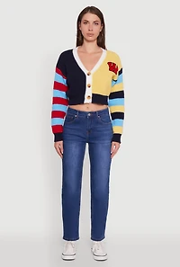 Womens Daisy Color Block Patch Cropped Button Front Cardigan, Multi,