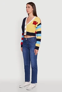 Womens Daisy Color Block Patch Cropped Button Front Cardigan, Multi,