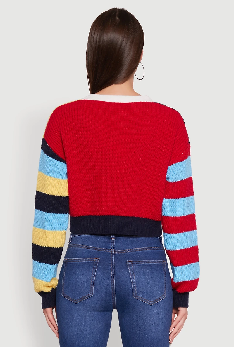 Daisy Color Block Patch Cropped Button Front Cardigan