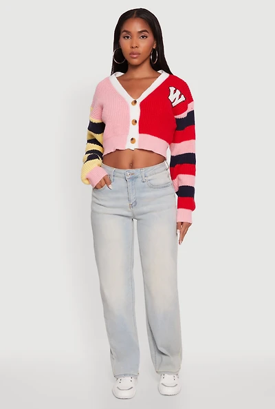 Womens Daisy Color Block Patch Cropped Button Front Cardigan, Multi,