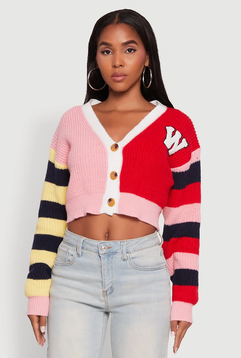 Womens Daisy Color Block Patch Cropped Button Front Cardigan, Multi,
