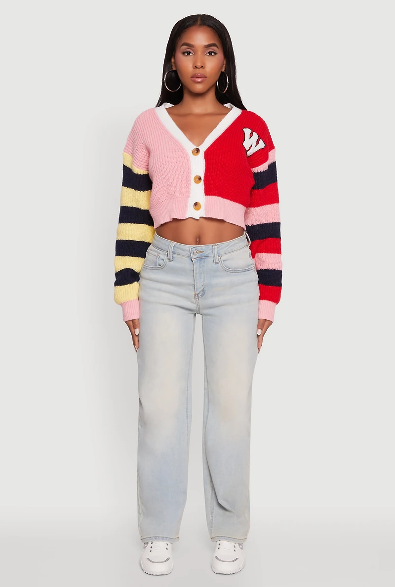 Womens Daisy Color Block Patch Cropped Button Front Cardigan, Multi,