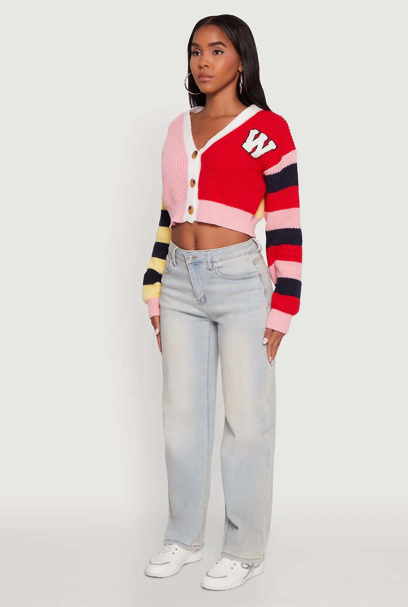 Womens Daisy Color Block Patch Cropped Button Front Cardigan, Multi,