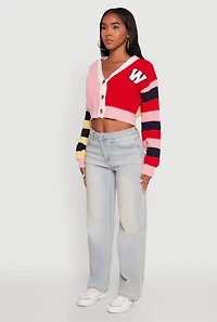 Womens Daisy Color Block Patch Cropped Button Front Cardigan, Multi,