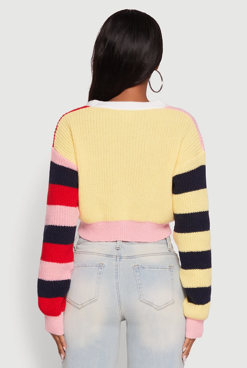 Womens Daisy Color Block Patch Cropped Button Front Cardigan, Multi,