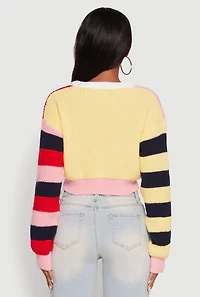 Womens Daisy Color Block Patch Cropped Button Front Cardigan, Multi,