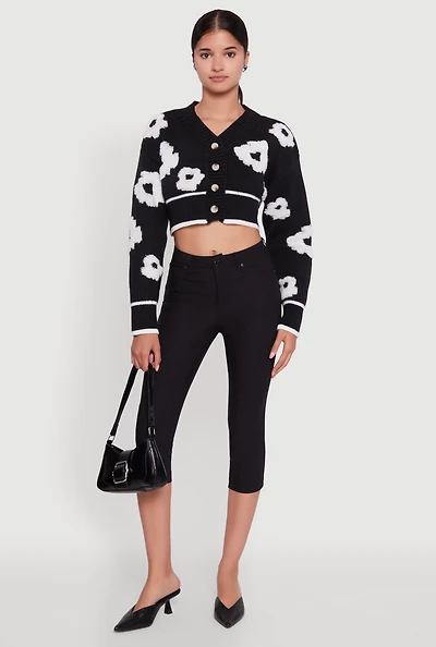 Womens Chenille Floral Brushed Knit Cropped Cardigan,
