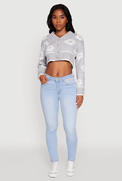 Womens Chenille Floral Brushed Knit Cropped Cardigan,