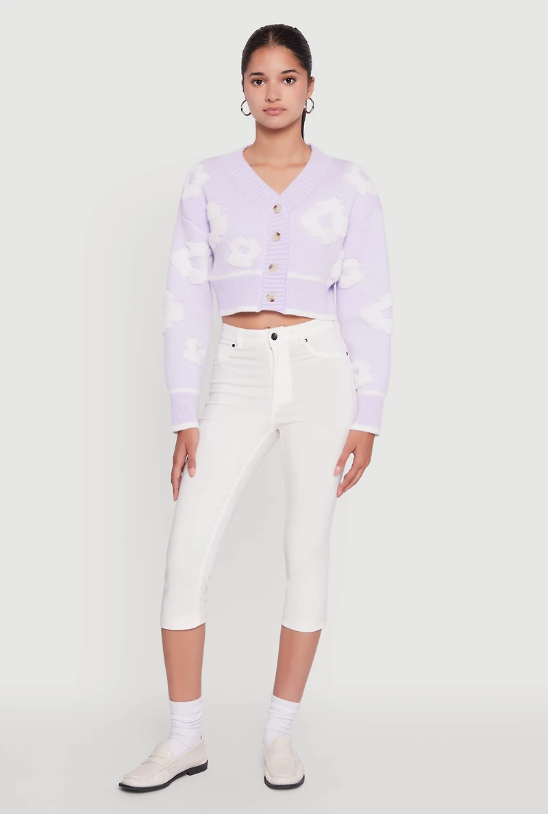 Chenille Floral Brushed Knit Cropped Cardigan