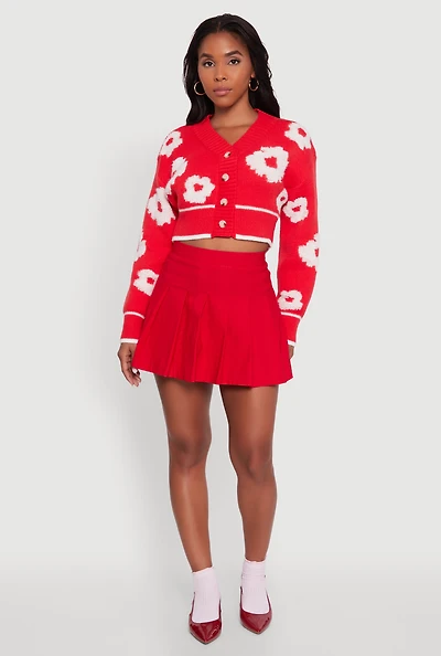 Womens Chenille Floral Brushed Knit Cropped Cardigan,