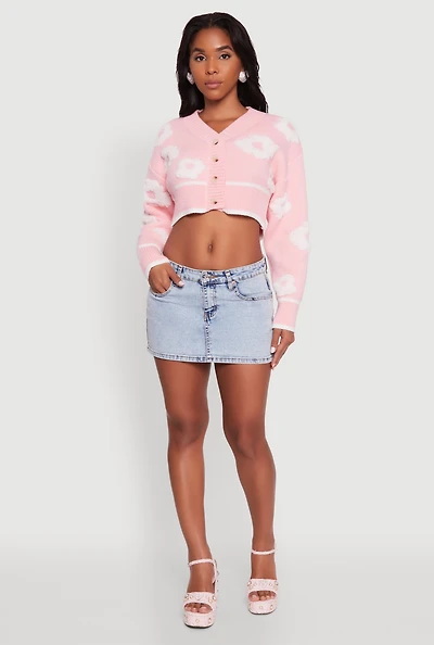 Womens Chenille Floral Brushed Knit Cropped Cardigan,