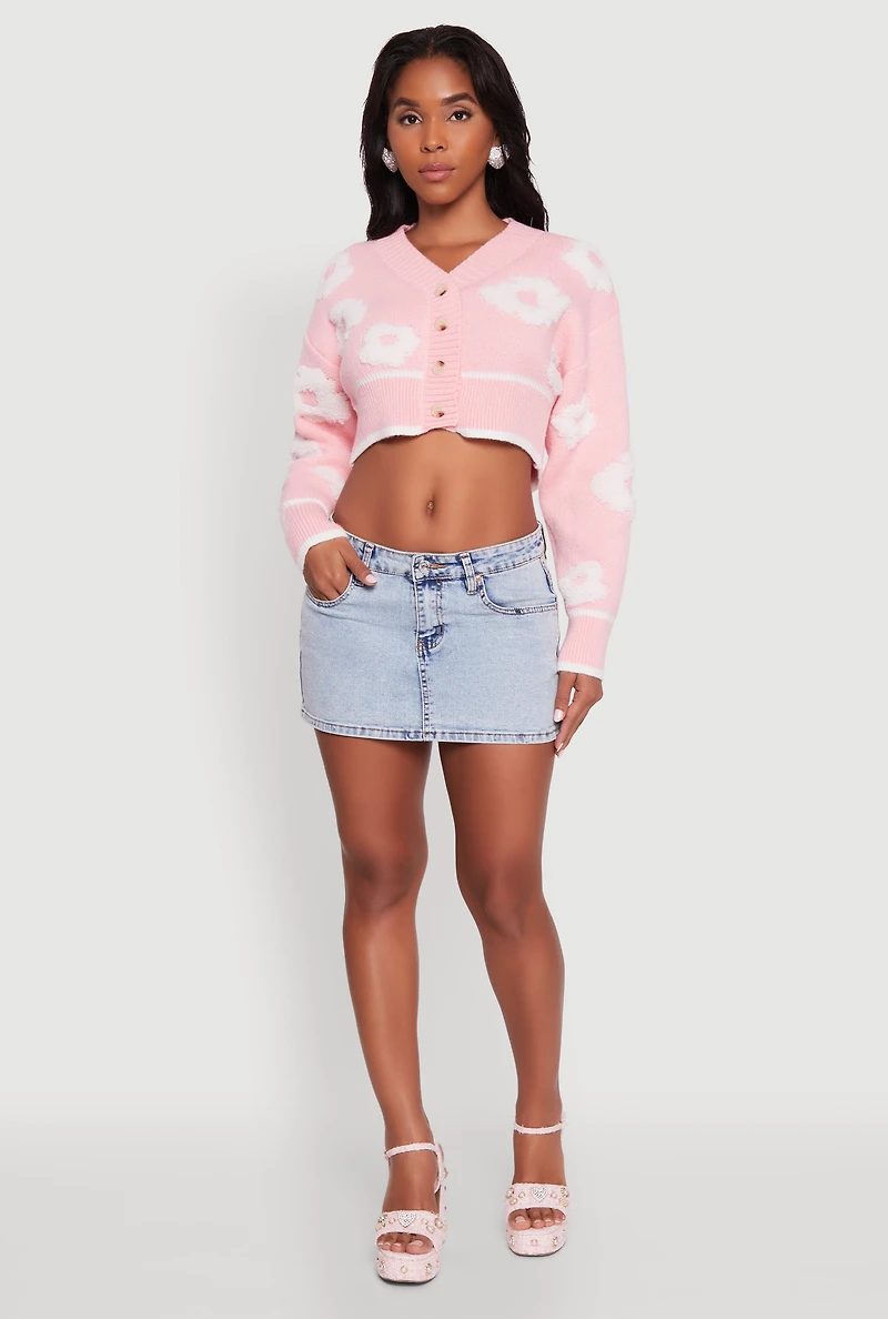 Womens Chenille Floral Brushed Knit Cropped Cardigan, M