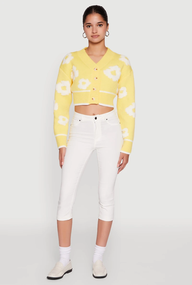 Chenille Floral Brushed Knit Cropped Cardigan