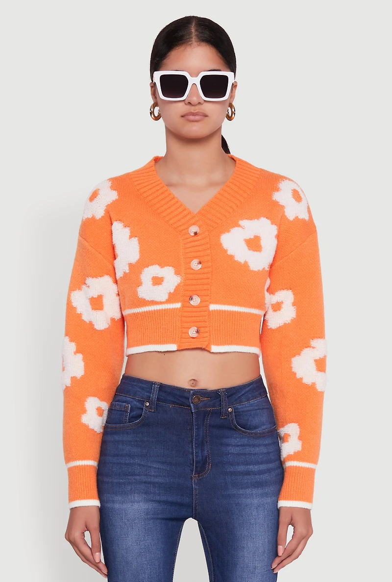 Chenille Floral Brushed Knit Cropped Cardigan