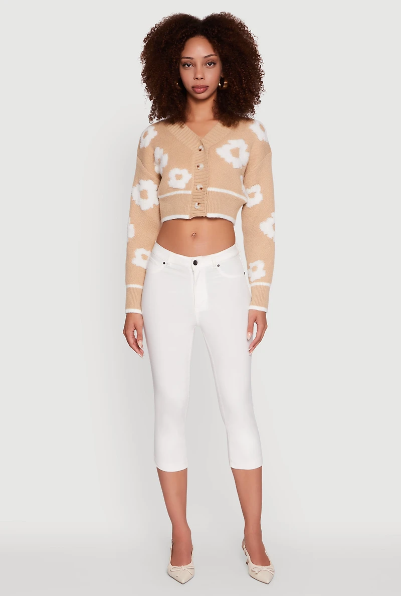 Womens Chenille Floral Brushed Knit Cropped Cardigan,