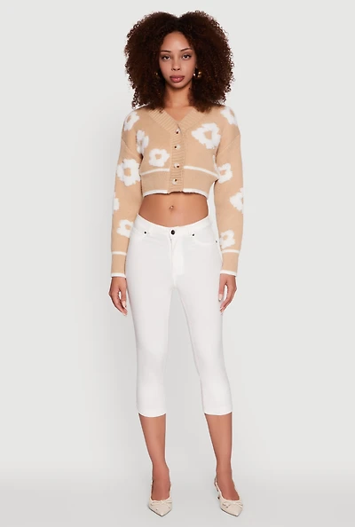 Womens Chenille Floral Brushed Knit Cropped Cardigan,