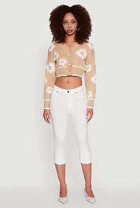 Womens Chenille Floral Brushed Knit Cropped Cardigan,