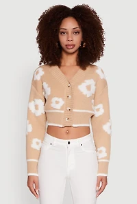 Womens Chenille Floral Brushed Knit Cropped Cardigan,