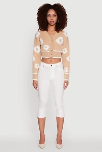 Womens Chenille Floral Brushed Knit Cropped Cardigan,