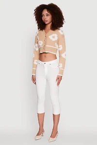 Womens Chenille Floral Brushed Knit Cropped Cardigan,