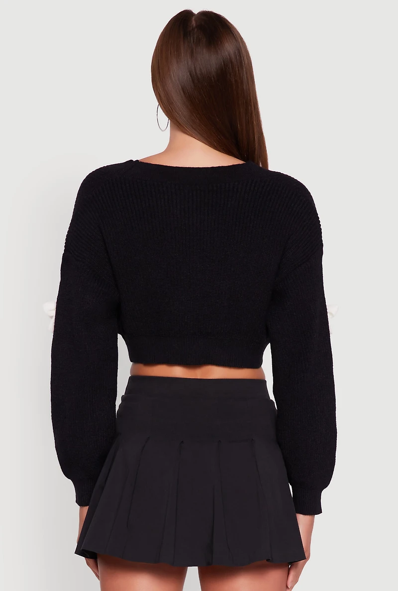 Color Blocked Bow Detail Cropped Cardigan