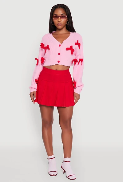 Womens Color Blocked Bow Detail Cropped Cardigan,
