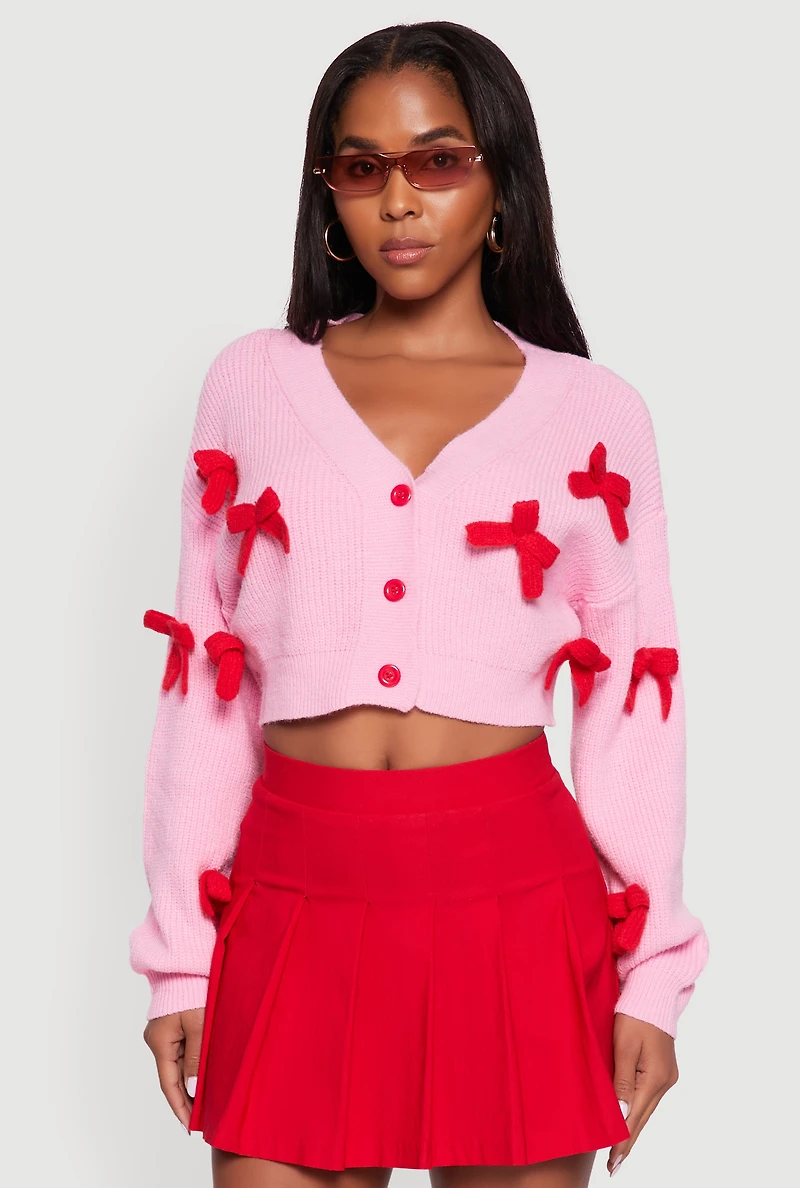 Womens Color Blocked Bow Detail Cropped Cardigan,