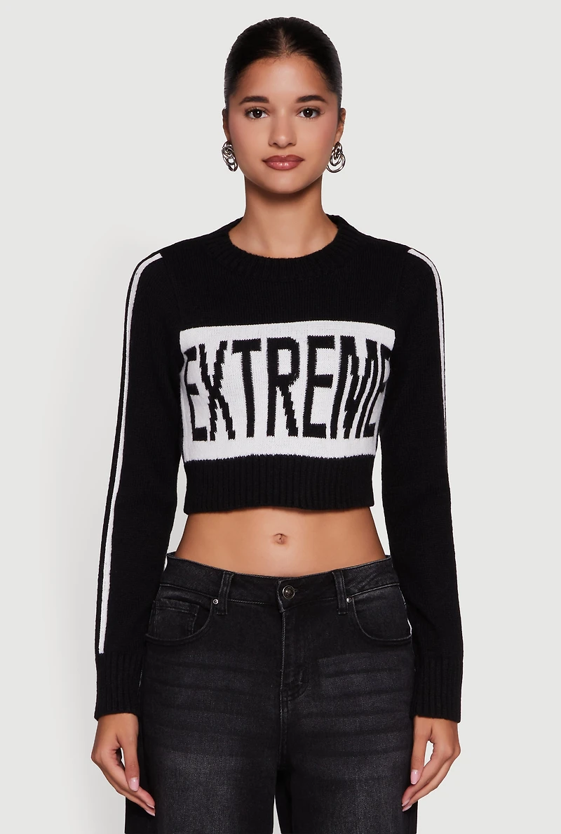 Womens Extreme Graphic Cropped Sweater, Black, Size L