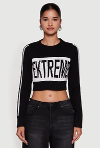 Womens Extreme Graphic Cropped Sweater, Black, Size L