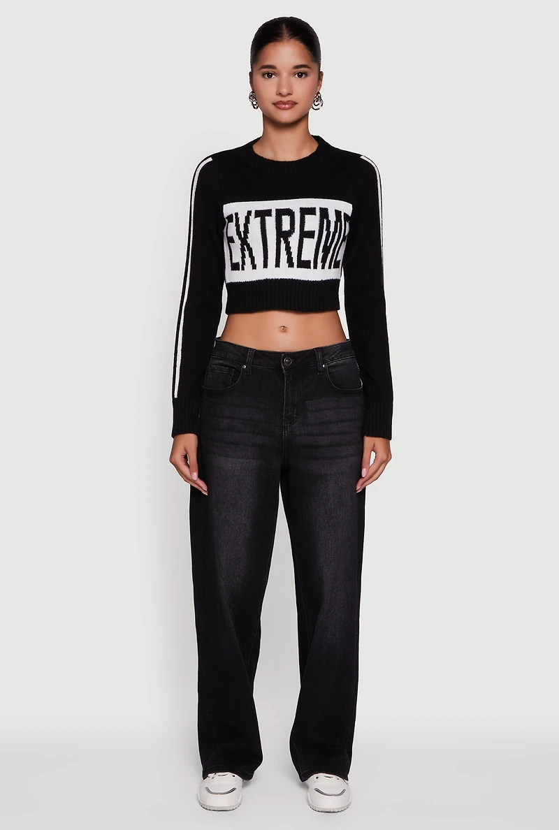 Womens Extreme Graphic Cropped Sweater, Black, Size L