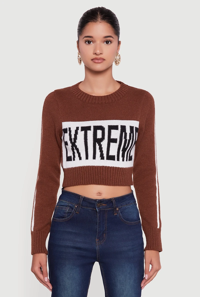 Womens Extreme Graphic Cropped Sweater, Brown, Size L