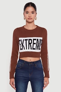 Womens Extreme Graphic Cropped Sweater, Brown, Size L