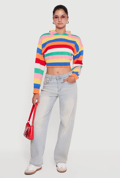 Womens Striped Cropped Hooded Sweater, Multi, Size S