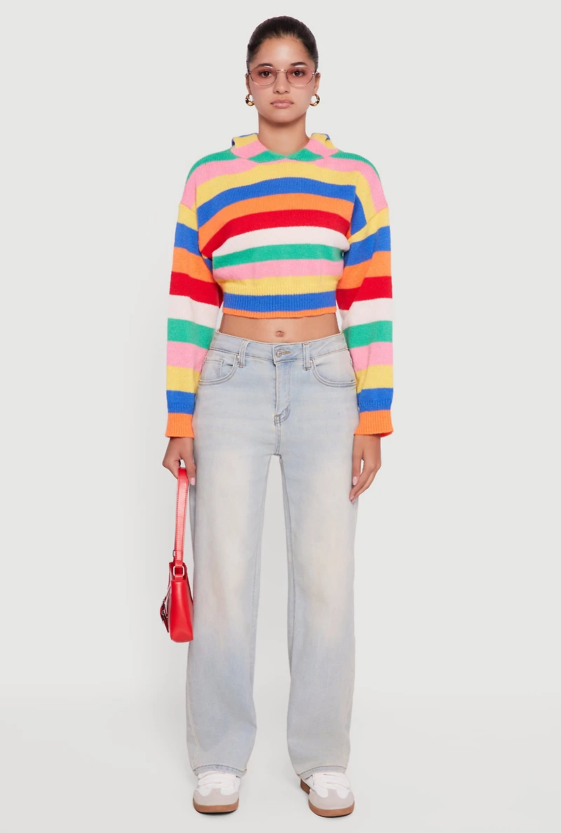 Womens Striped Cropped Hooded Sweater, Multi, Size S
