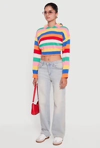 Womens Striped Cropped Hooded Sweater, Multi, Size S