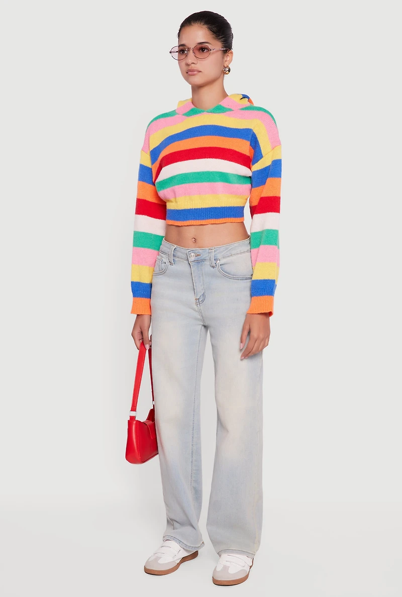 Womens Striped Cropped Hooded Sweater, Multi,