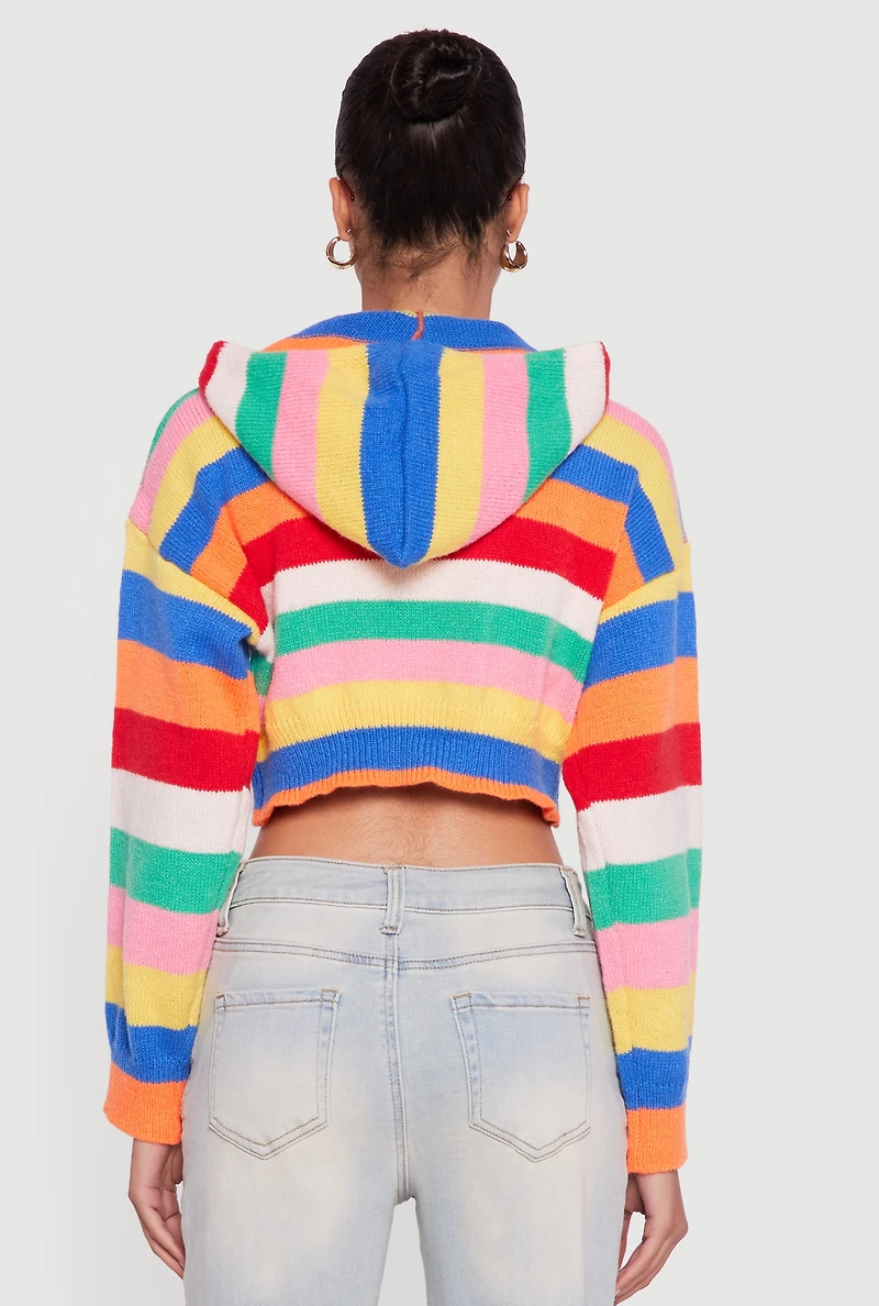 Womens Striped Cropped Hooded Sweater, Multi, Size S