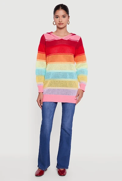Womens Rainbow Striped Long Sleeve Pullover Hooded Sweater, Multi, Size L