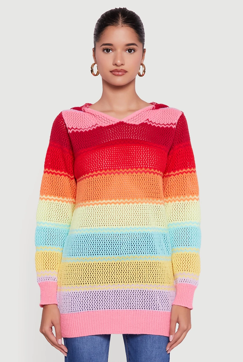 Womens Rainbow Striped Long Sleeve Pullover Hooded Sweater, Multi, Size L