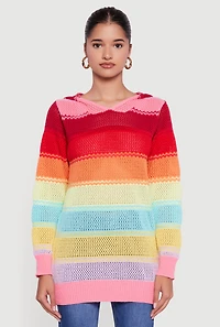 Womens Rainbow Striped Long Sleeve Pullover Hooded Sweater, Multi, Size L